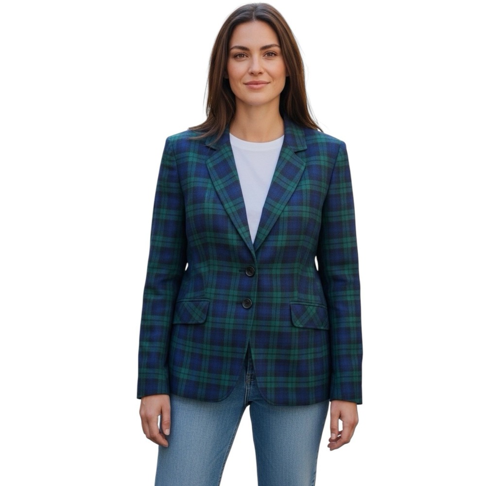 Appleseed's Wool Blend Blazer Womens 18 Blackwatch Plaid Green Navy Jacket
